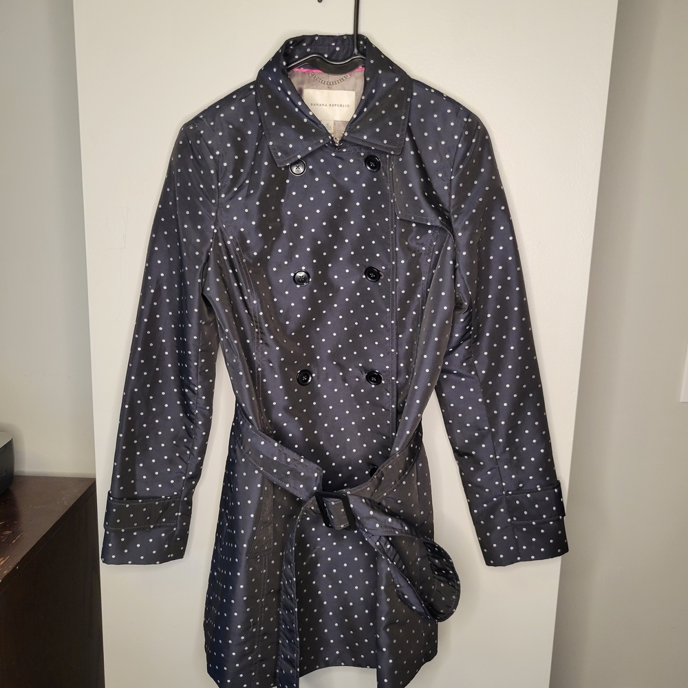Banana Republic Navy & White Polka Dot Trench Coat – Classic Belted Style M